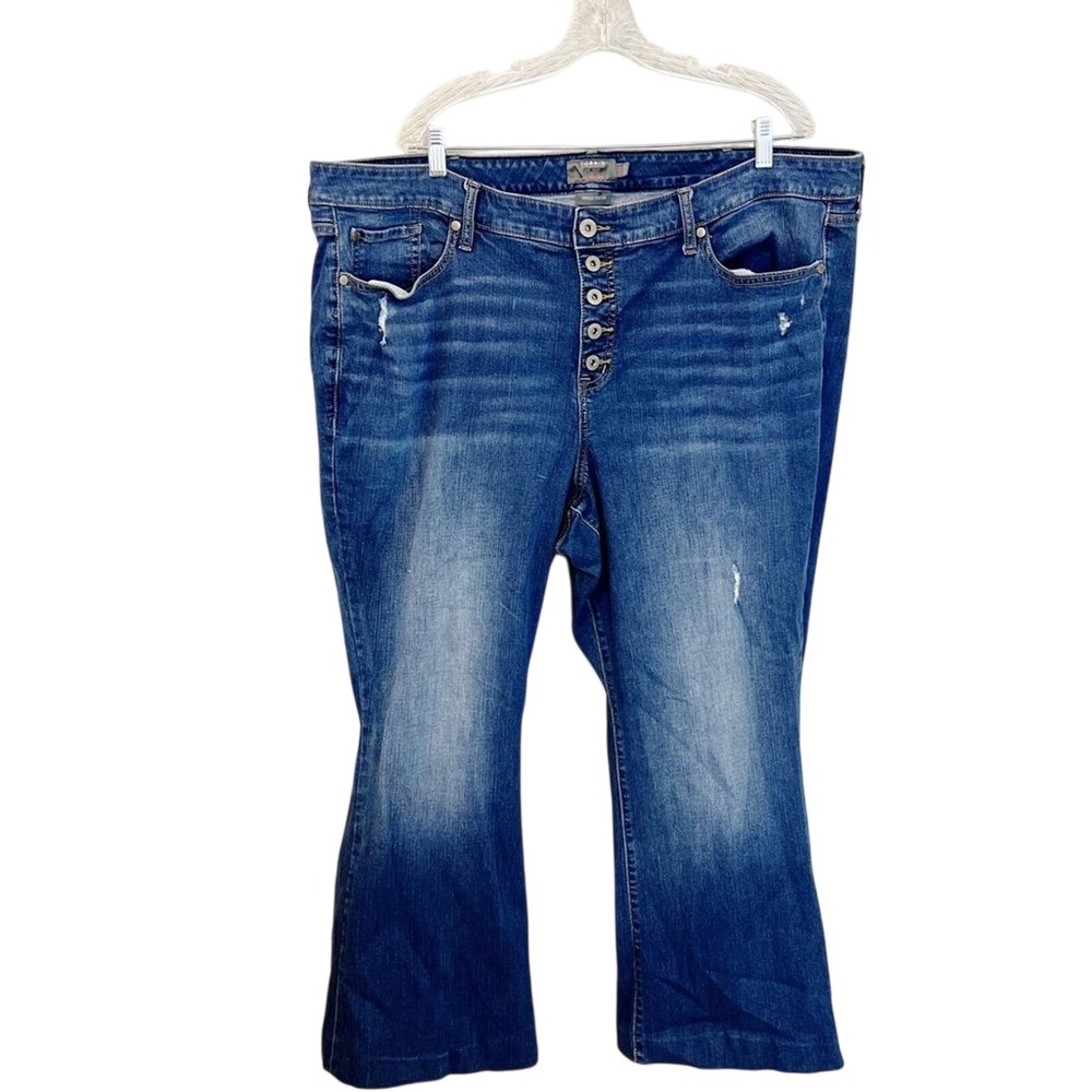 Torrid Mid-Rise Flare Jeans 24R Vintage Medium Wash Distressed Button Fly